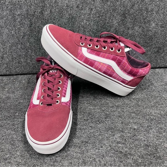 VANS Ward Platform Burgundy Plaid Mix Port Old Skool Style Wmns Size 10 - Picture 1 of 14
